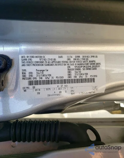 2017 Ford Focus Se z USA, uszkodzony, nr VIN 1FADP3K22HL202531